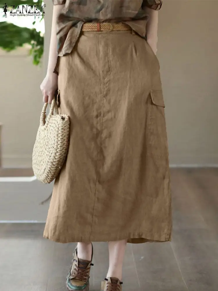 ZANZEA Woman Vintage Cargo Skirts Autumn Fashion High Waist Skirt Casual Cotton Dresses Elegant Front Zipper Robe Faldas Saia