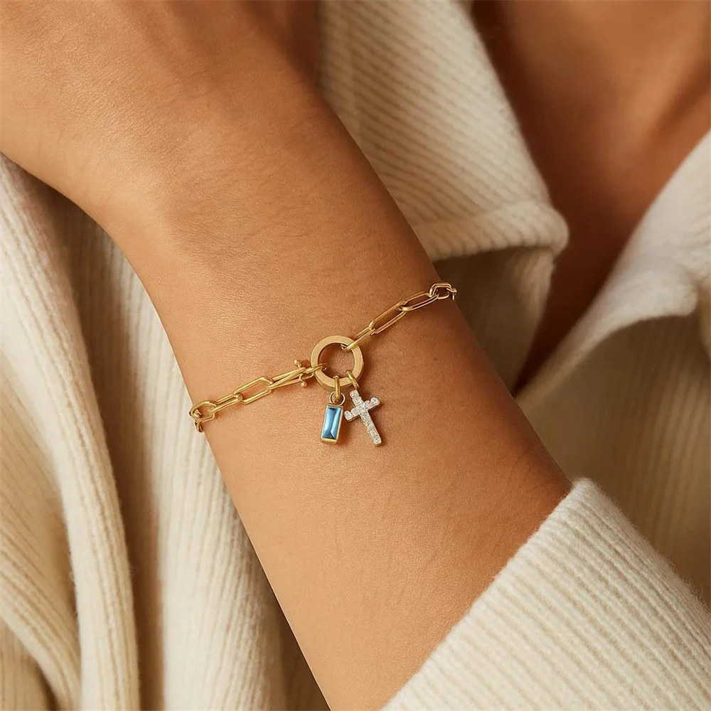 Vintage Stackable Birthstone Bracelet Zircon Cross Charm Bracelet Christian Jewelry for Women Mother Gift