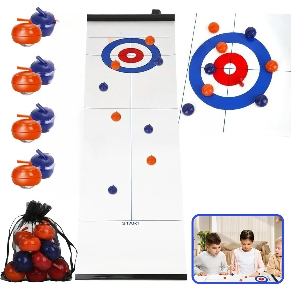 

Table Top Curling Game with 12 Rollers Fun Family Tabletop Games for Adults Kids Ages 6 Up Portable Mini Shuffleboard Pucks Gift