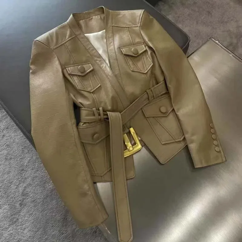 100% Real Sheepskin Leather Jacket for Women - Crocodile Embossed Pattern V-Neck with Gold Buckle Belt Slim Fit Office & Cas