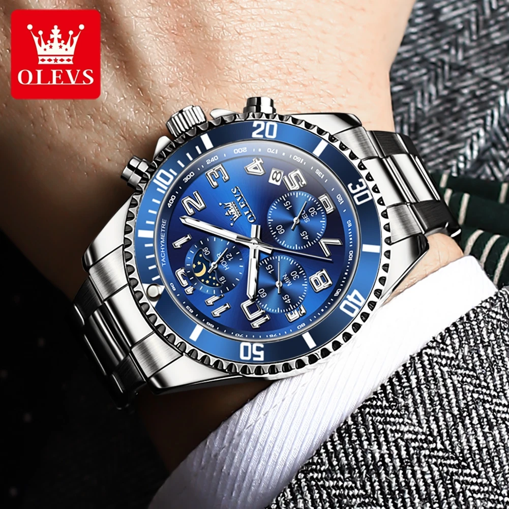 OLEVS 2024 New Man Watch Luxury Original Quartz Watch for Men Green Water Ghost Series Moon Phase Chronograph Waterproof Watches