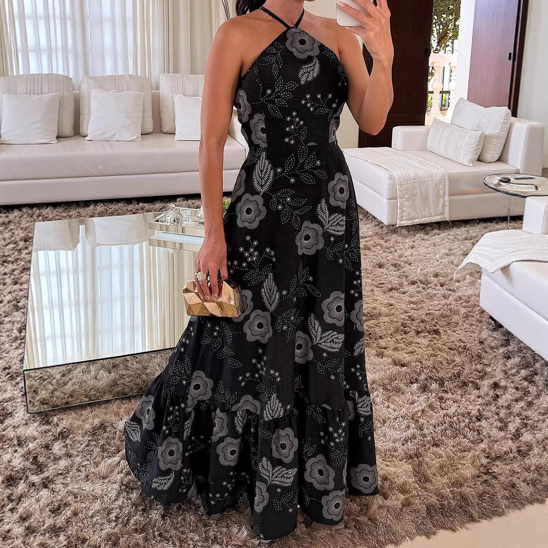 

Dress Women Long Dresses Print Halter A Line Vestidos Sleeveless Elegant Night Y2k Streetwear High Waist Party Sexy 2025