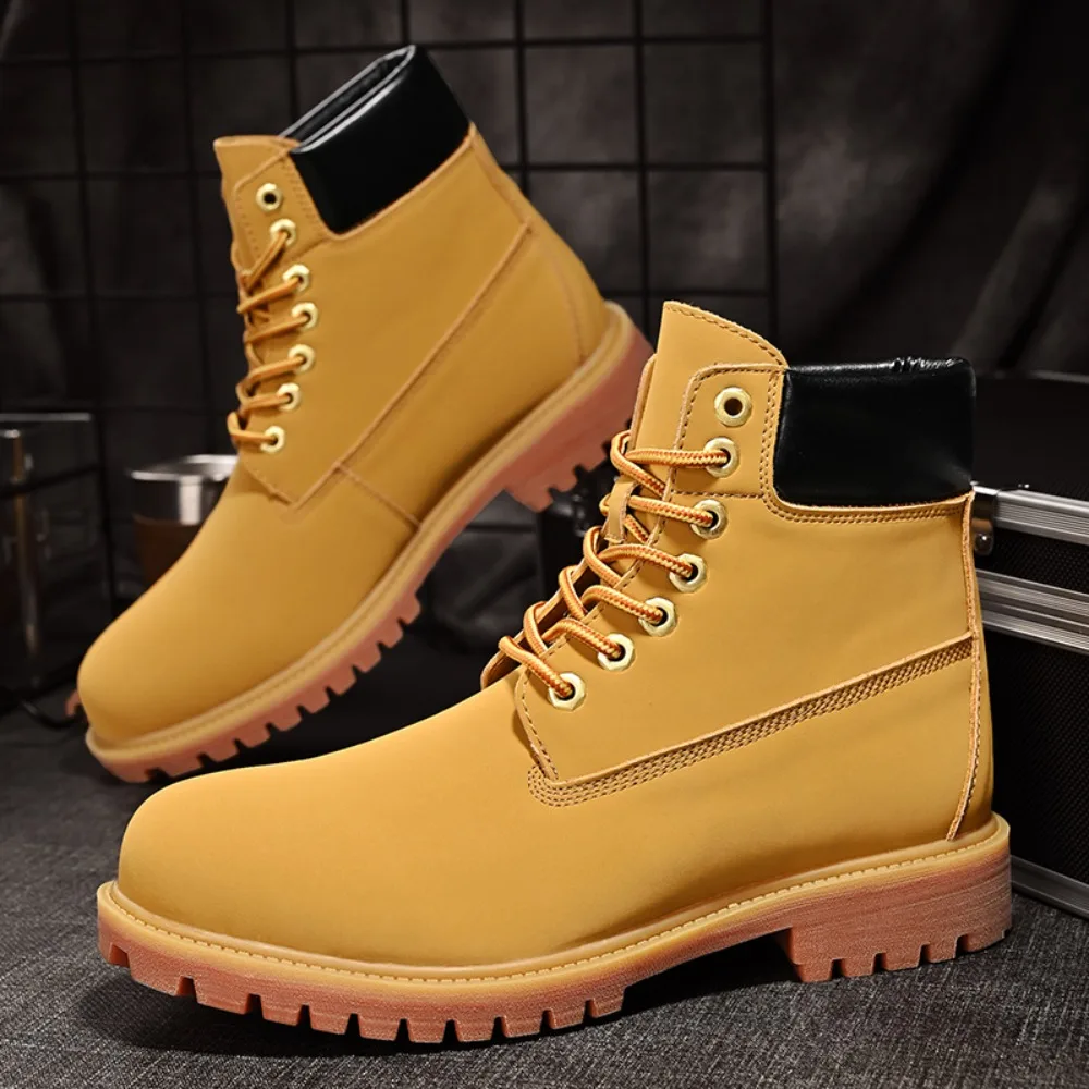 Autumn Winter High Top Yellow Boots Adopted Full Grain Leather Comfortable Non Slip Thick Sole Daily Outdoor Casual Ankle Shoes