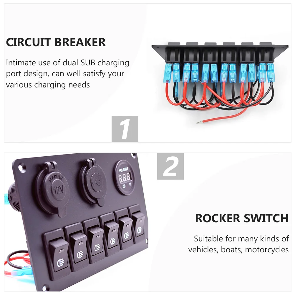 6 Position Waterproof LED Switch Panel Black Car Rocker Circuit Breaker ABS Material Dual SUB Charging Suitable