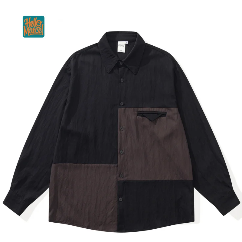 HELLOMARCEL EU US Size High-Quality Men’S Casual Shirt, Streetwear Cityboy Color-Block Patchwork Long-Sleeve Shirt