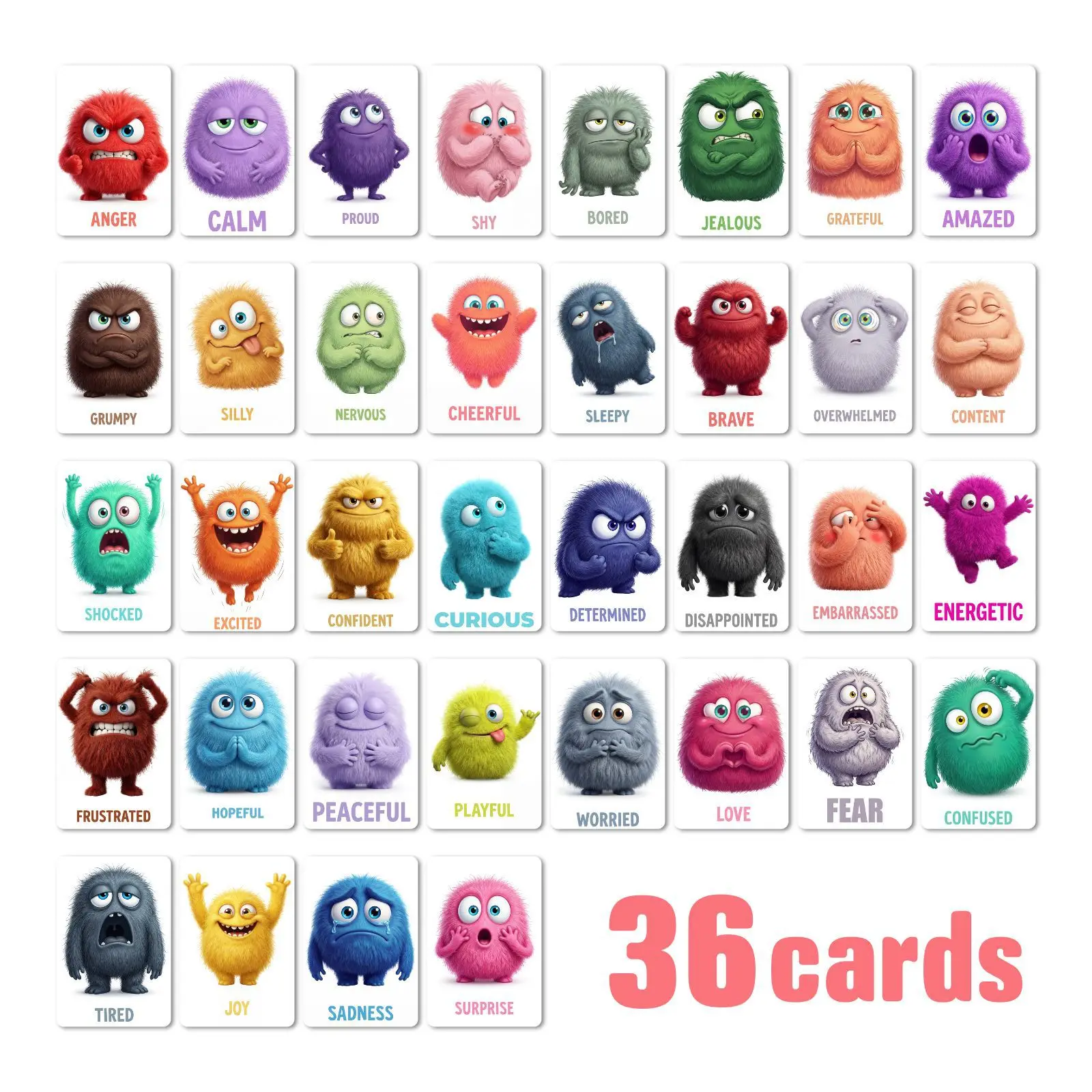 36 Tarjetas de Emociones de Monstruos, Tarjetas de Aprendizaje Social y Emocional, Tarjetas de Peluche con Sentimientos de Monstruos para Niños Pequeños, Educación Preescolar