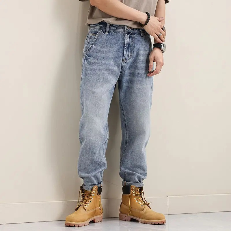 Jean en Denim à jambes droites et amples pour hommes, bleu clair, pantalon décontracté rétro américain avec insert incliné, automne hiver