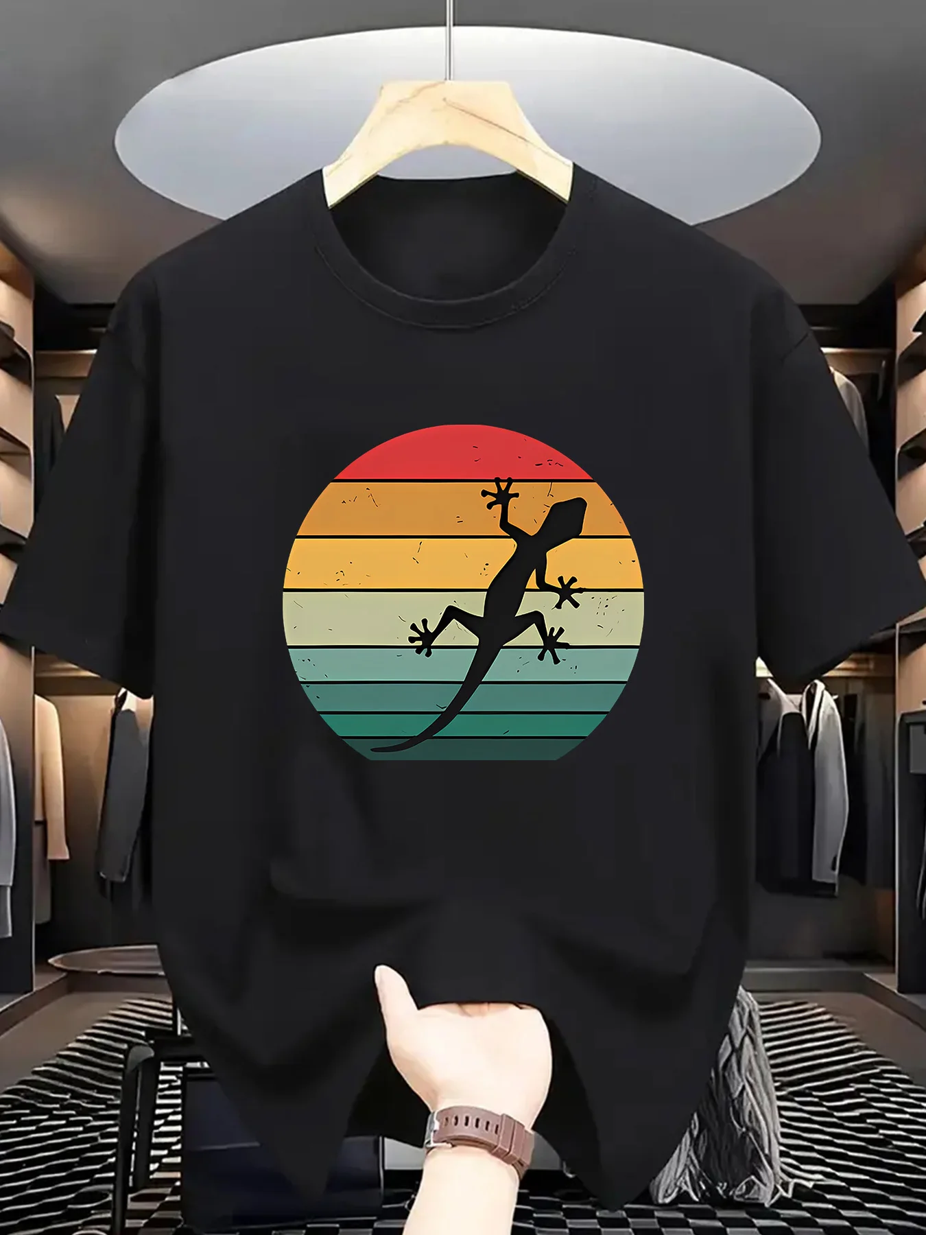 Vintage Gecko Mens Crew Neck T Shirt Retro Rainbow Circle Lizard Silhouette Graphic Short Sleeve Tee Casual Male Street Tops