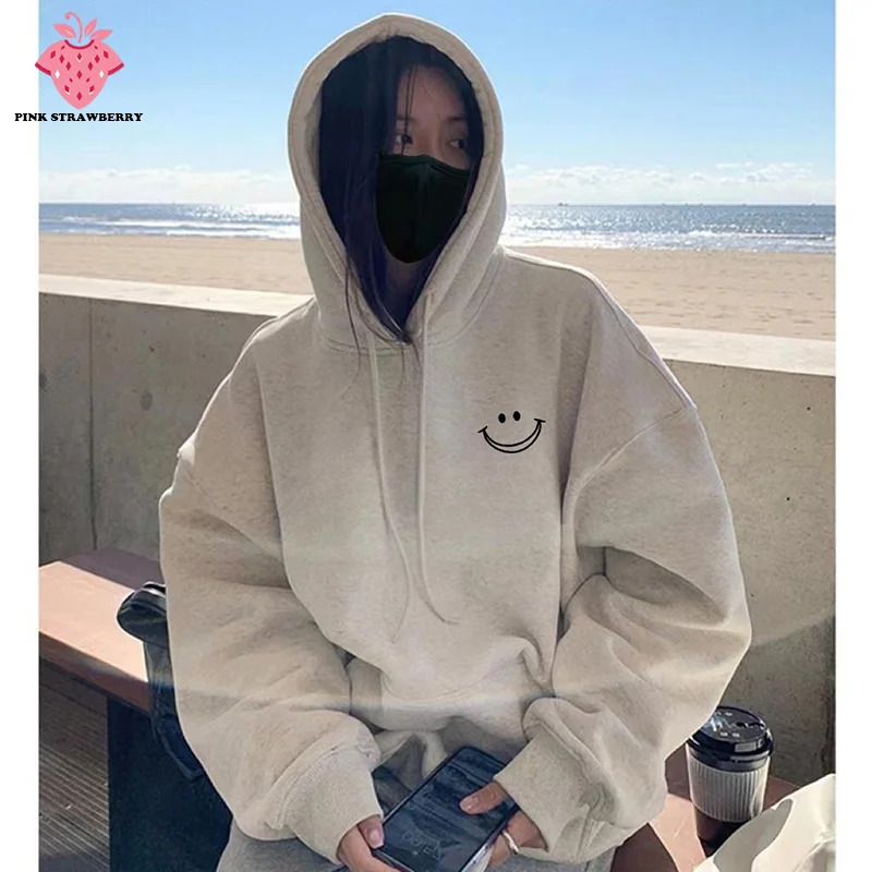 

American hooded smiley face hoodie Women 2025 Autumn New Casual fitting Pullover Y2K Top Fashion Warm Sweatshirt Female clothing