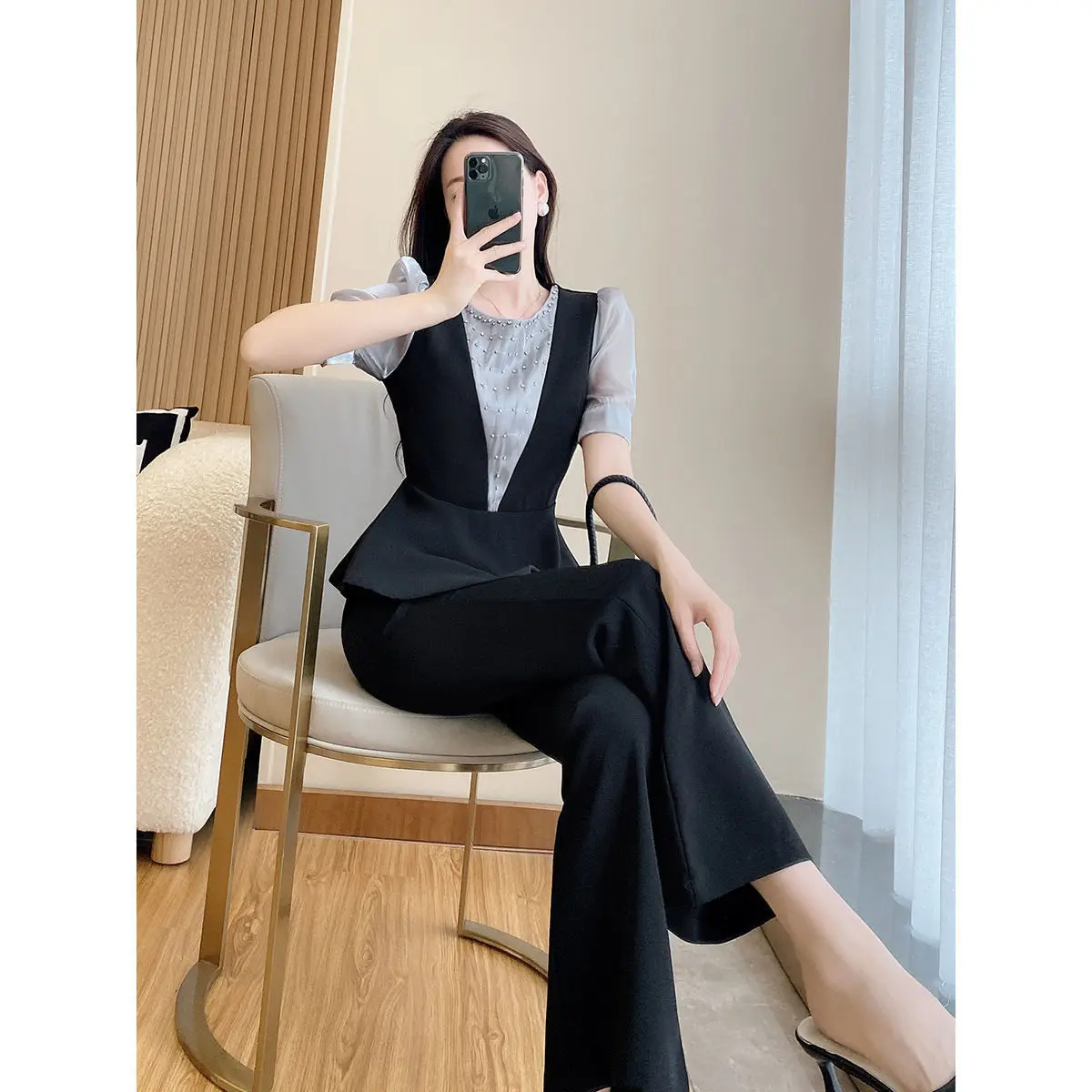 Summer New French Elegant Women\'s Pants Set Fashion with Hollow Chiffon Lining Slim Trousers Two Piece Set Female Tracksuit