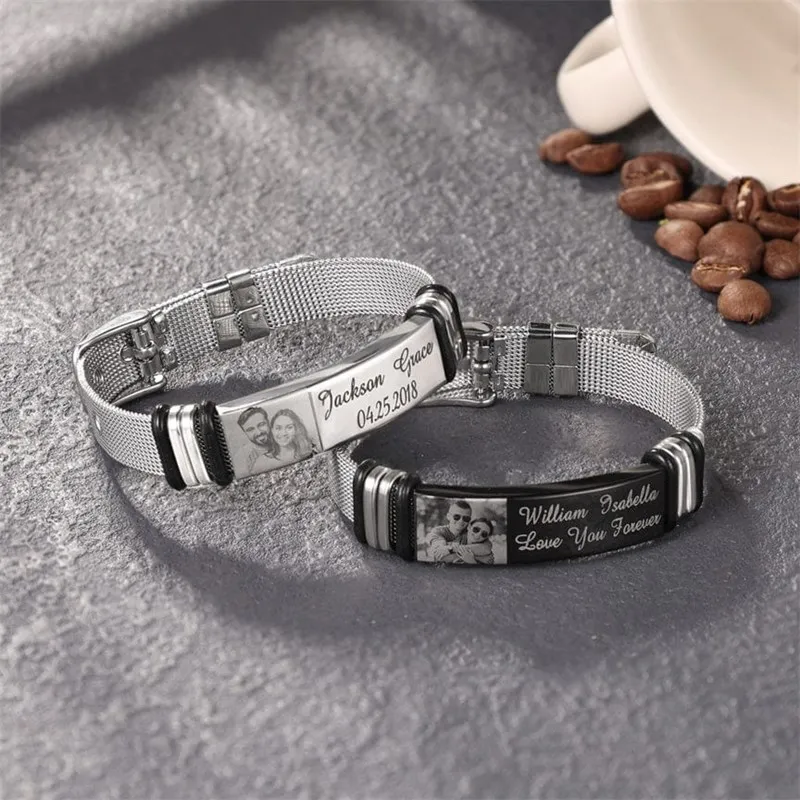 Custom Photo And Engraved Stainless Steel Bracelet Best Gifts for Men Gift For Couple Leather Bracelets Man Jewelry