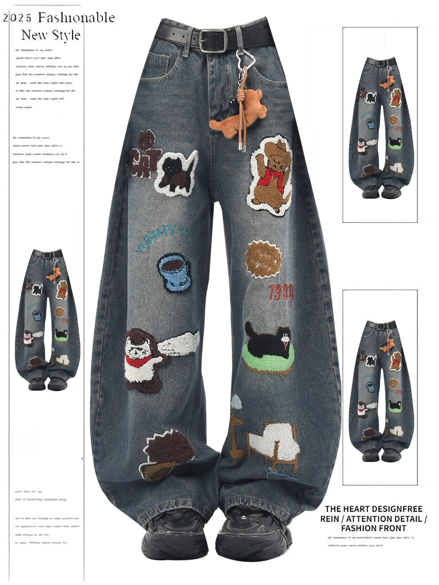 2026 Fashion Y2K Baggy Pants Women's Cartoon Embroidery Loose Wide Leg Jeans Streetwear Aesthetic Casual Trousers