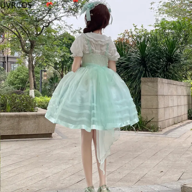 Japanische lolita stil jsk kleid frauen süße rüschen bogen ärmellose riemen kleider girly harajuku kawaii y2k prinzessin mini kleider