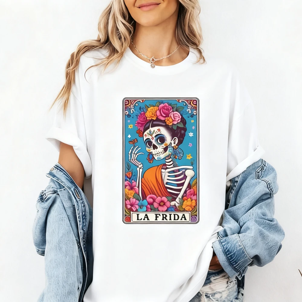 

La Frida Dia De Los Muertos T-Shirt Sugar Skull Halloween TShirt Tarot Card Women Tee Mexican Day of The Dead Shirt Festival Top