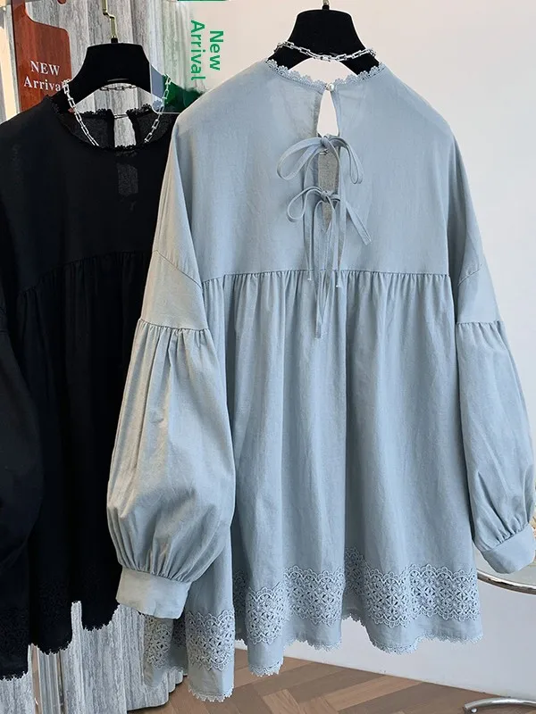 Casual redondo Ne Overhead irt 2025 nuevo Sle artístico bordado muñeca Top Bubble Sve ajuste suelto mezcla de lino y algodón irt