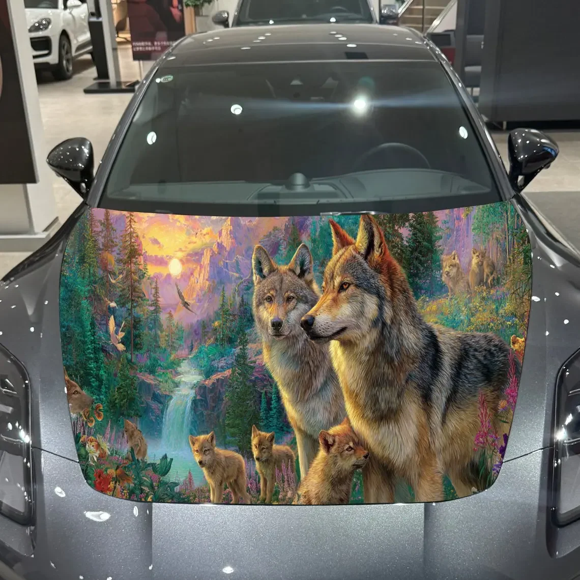 Wolf Family Forest Adventure PVC Car Hood Wraps, Self-Adhesive Waterproof Car Bonnet Decal Sticker, Car Decoration Protection St