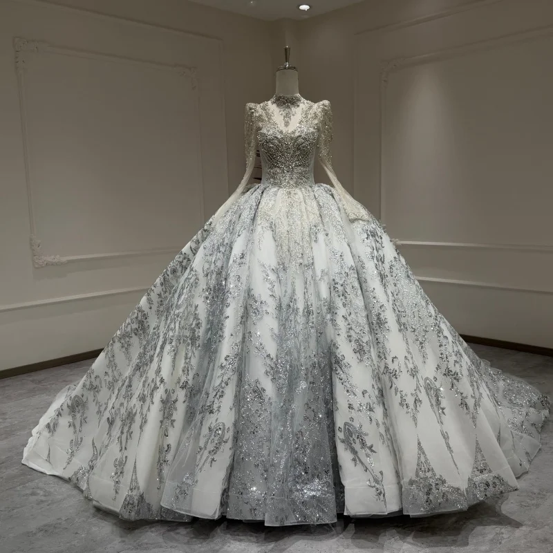 

Shiny light gray Quinceanera Dress Crystal Glitter Decal long sleeves Beadwork Long tail Vestidos De 15 Quinceanera ﻿Customize
