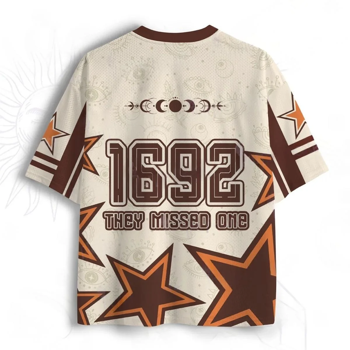 1692 They Missed One Salem Witch Football Jersey Moon Phase Evil Eye Star Print V Neck Short Sleeve Halloween Retro Sports Tee