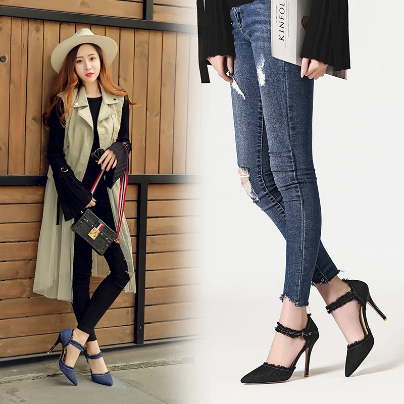 European and American denim blue pointed toe thin super high heel strap women\'s flats new stiletto shallow mouth hollow high heels women\'s fashion