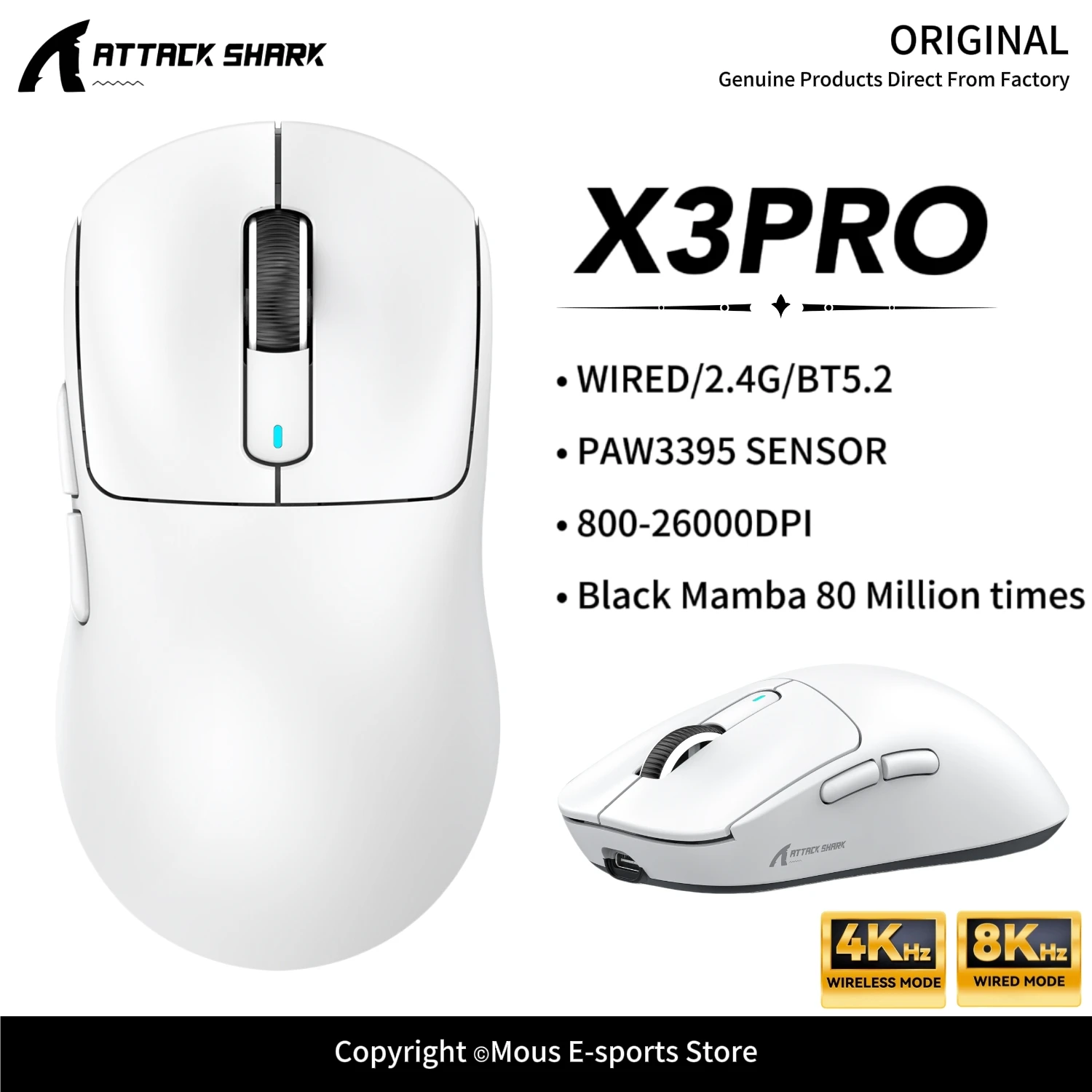 X3Pro X3 ATTACK SHARK PAW3395 26000DPI Lightweight Gaming Mouse Kailh 80 Million Clicks TTC Encoder 4KHz Wireless Macro Control