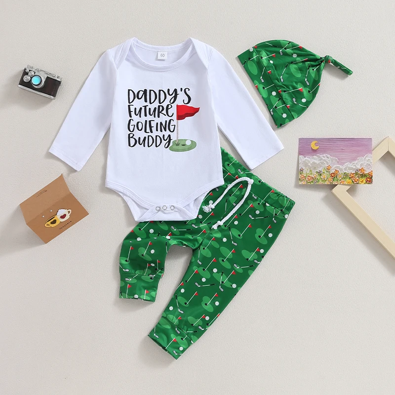 

Cute Newborn Baby Boy Girl Golf Outfit Daddy's Future Golfing Buddy Long Sleeve Romper Golf Print Pants Hat 3Pcs Set 2023