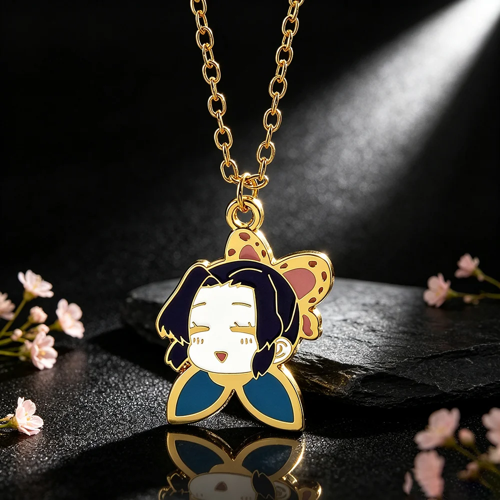 Anime Demon Slayer Shinobu Kocho Enamel Pendant Necklace, Cartoon Character Gold Chain Cosplay Jewelry Gift for Anime Fans
