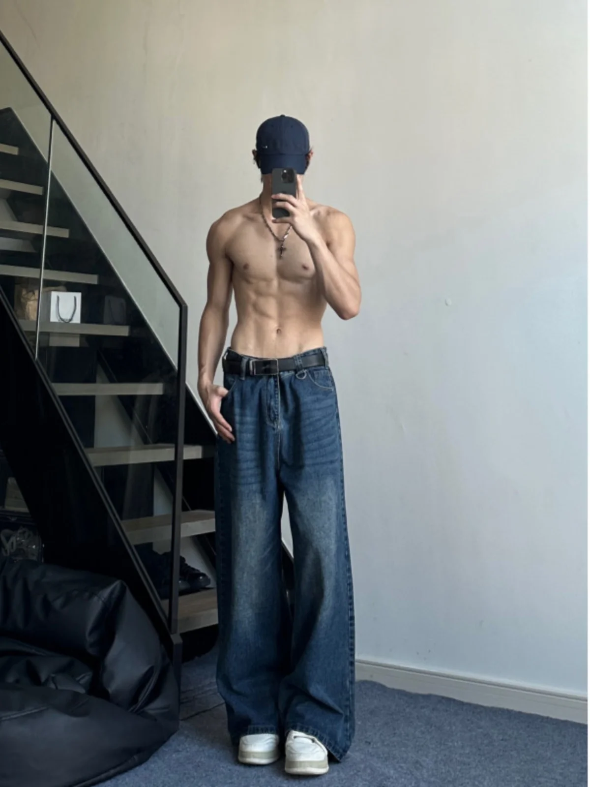 

Trendy Belted Loose Wide Leg Men's Jeans Deep Blue Retro Hiphop Workwear Cotton Polyester Blend Wear Resistant Long Pants