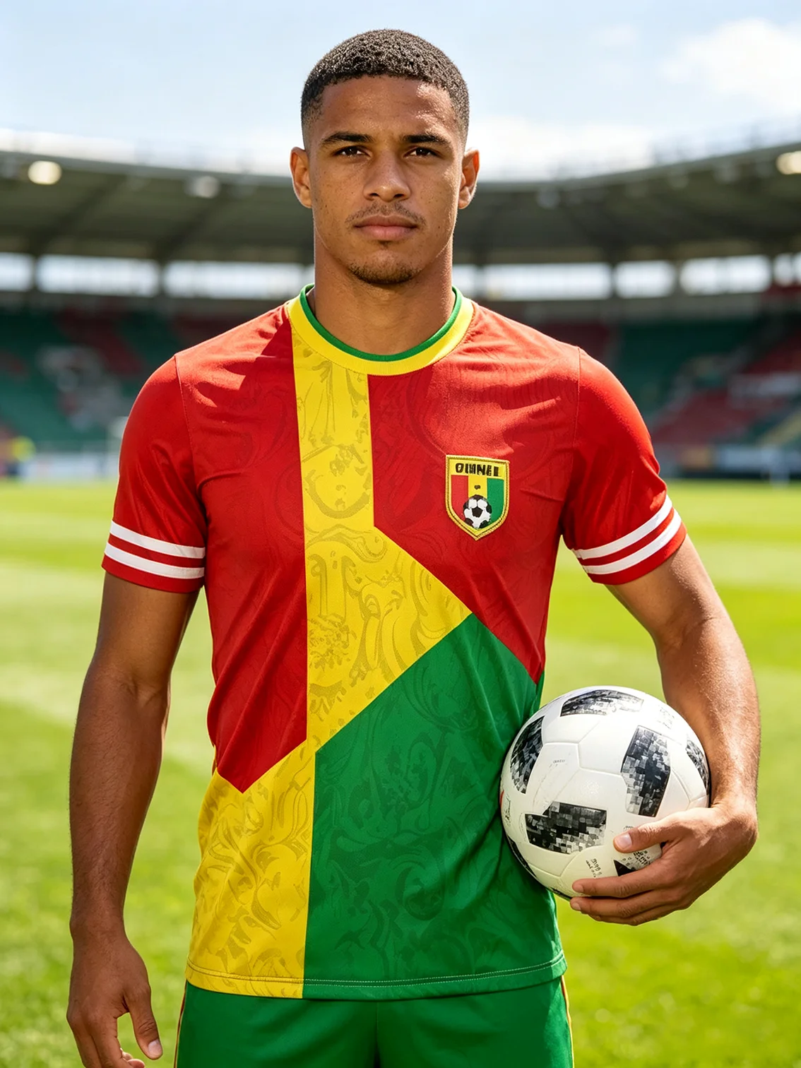 Guinea national football jersey, subtle background print, double‑white‑stripe cuffs, moisture‑wicking fabric, athletic loose fit
