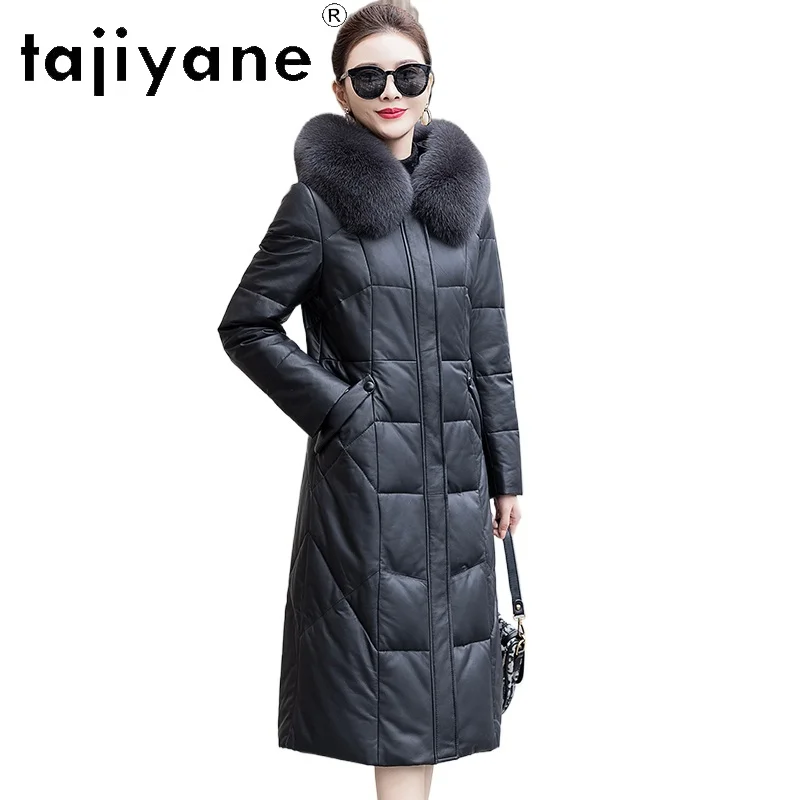 TAJIYANE Schaffell-Gänsedaunenmantel für Damen, Fuchspelzkragen, echte Lederjacken, Premium-Damen-Oberbekleidung, 2025, Winter-Damenkleidung