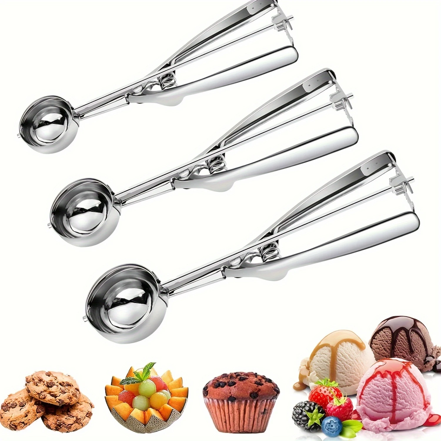 3 uds, cuchara para helado, cuchara para melón, cuchara de acero inoxidable para hornear, cuchara excavadora de helado con gatillo, cuchara para masa moderna, R