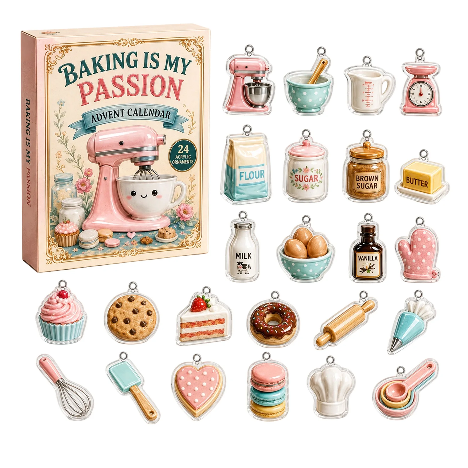 Baking Is My Passion Advent Calendars 24-Day Festive Countdown, Acrylic Charms Blind Box for Happy Birthday Party Gifts