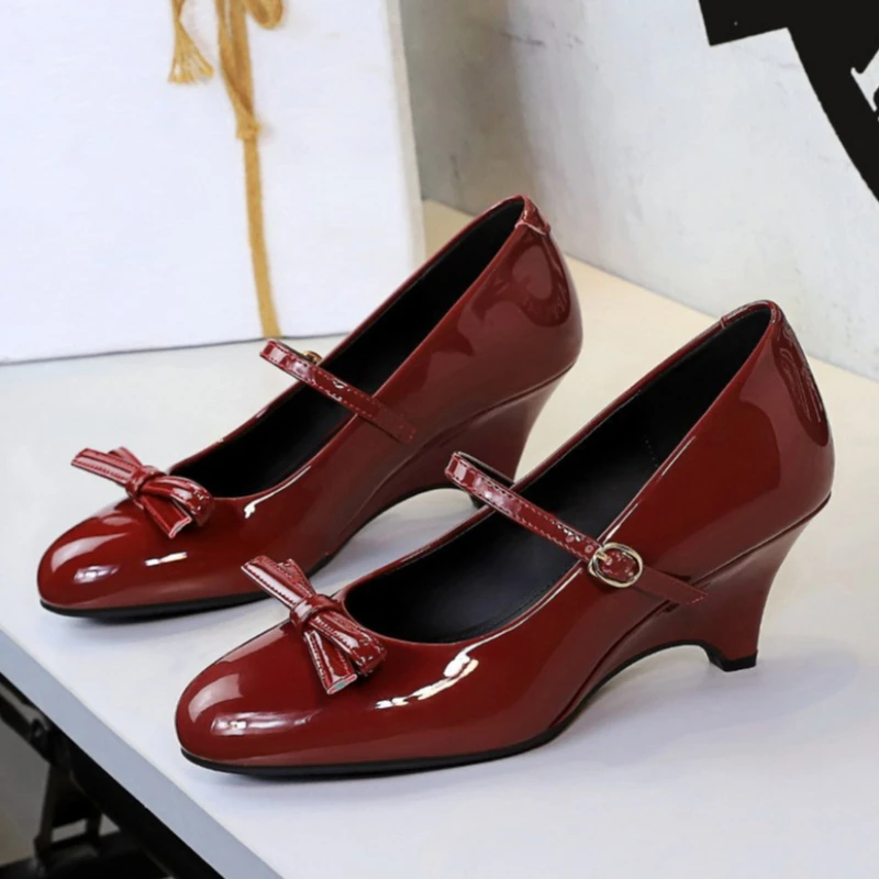 Women Shiny Patent Leather Elegant Wedge Single Shoes Round Toe Adjustable One Line Buckle Ankle Strap Bow Ornament Comfort