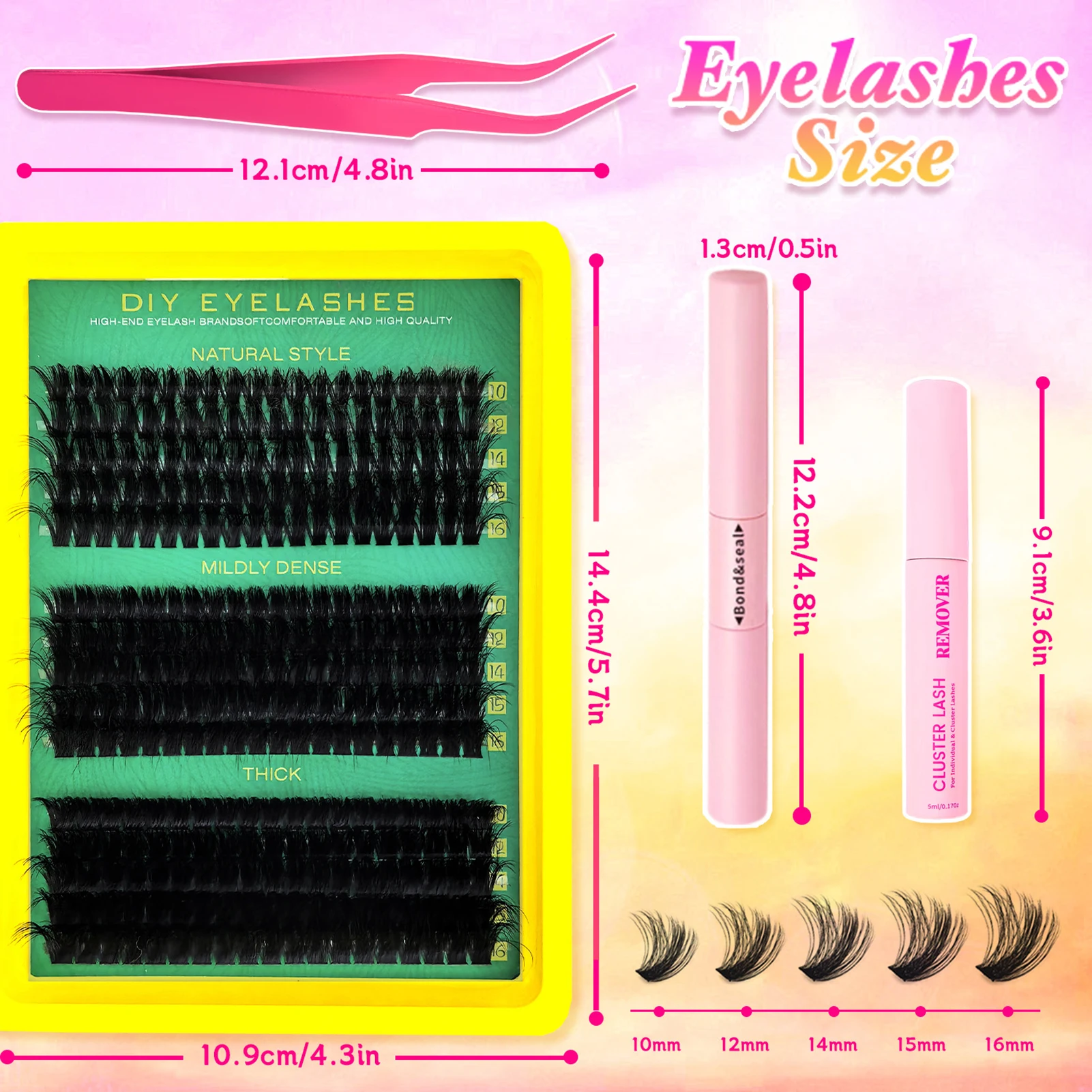 Diy conjunto de cluster de cílios postiços 60d/80d/100d cílios individuais cluster lash bond e selo removedor de cola de cílios postiços, pinças
