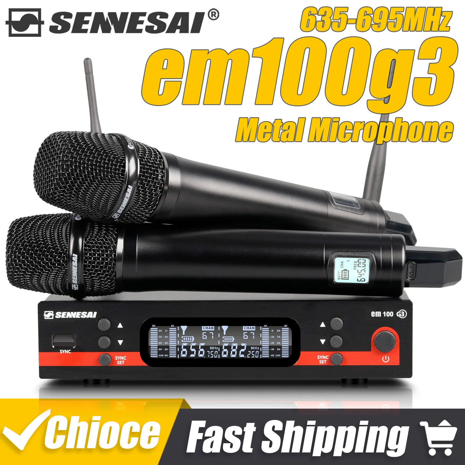 Microfone Sem Fio Duplo Profissional SENNESAI Em100g3 para Performance em Palco, 2 Canais, 600-699MHz UHF, Karaokê, Portátil de Metal