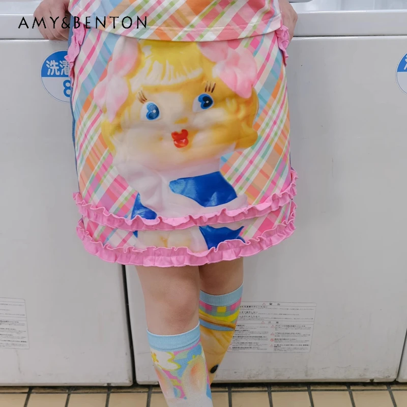 

Японские женские юбки 2022, весна-лето, милая розовая клетчатая кружевная юбка с грибком, детская универсальная тонкая джинсовая юбка с милым принтом для прогулок