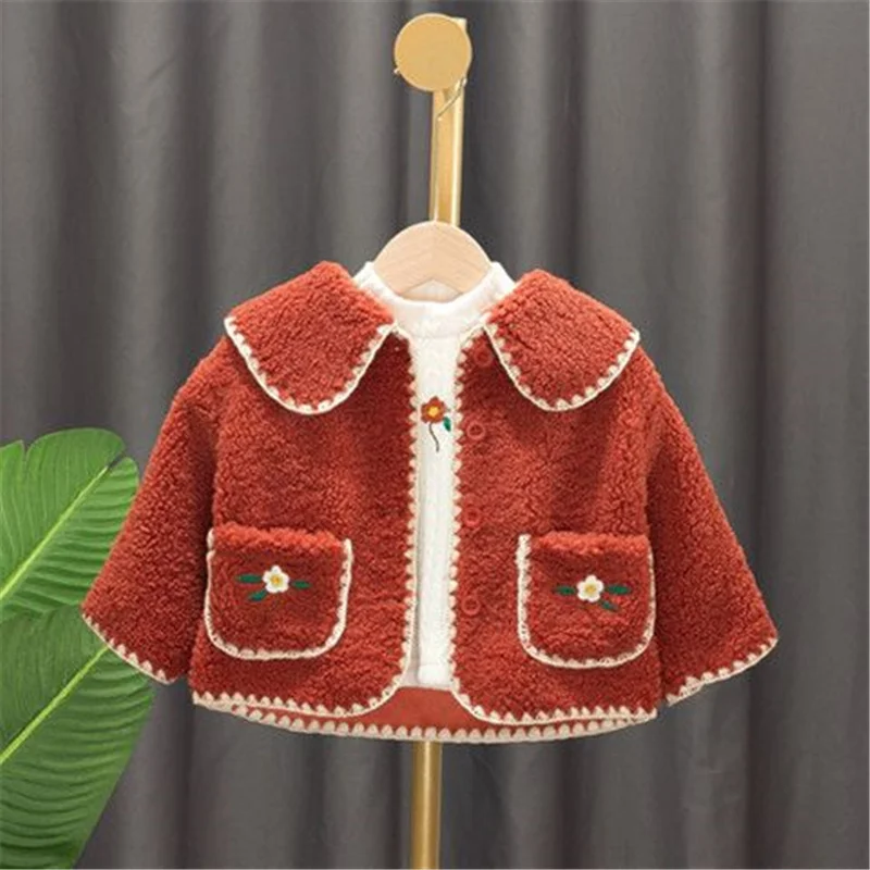 Autumn Winter Plush Girls' Thick Coat Cute Flower Embroidered Children's Warm Jacket Solid Color Turndown Collar Baby Coat