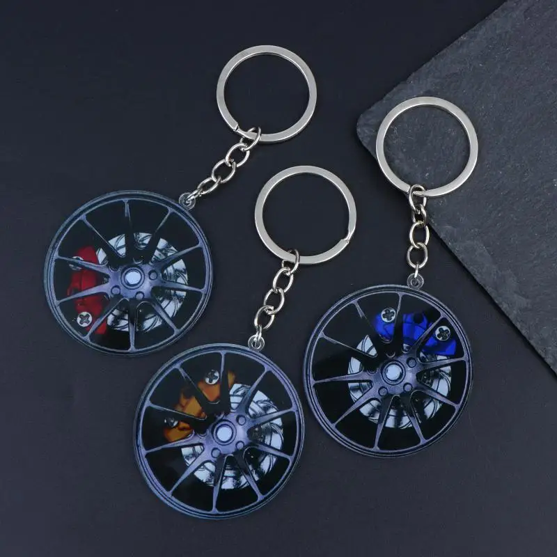 Creative Rotatable Car Wheel Rim Keychain 2D Acrylic Brake Caliper Keyring Bag Pendant Hanging Decor For Car Enthusiasts Gifts