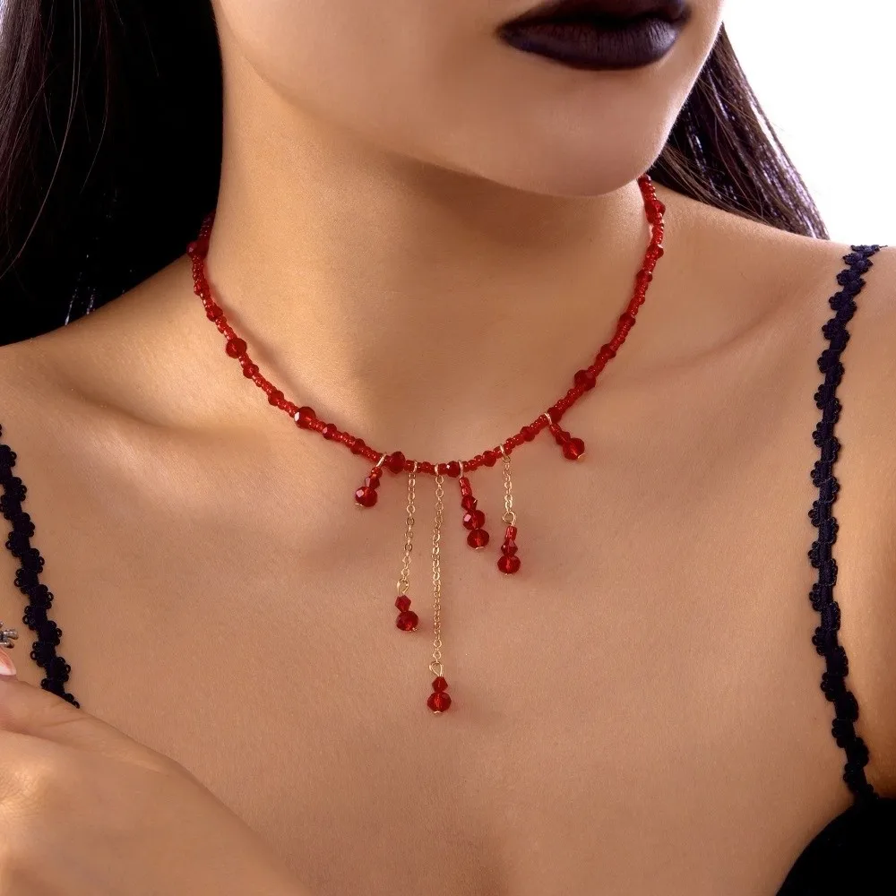 Fashion Gothic Blood Drop Necklace Red Tassel Halloween Collarbone Chain Beads Glass Halloween Choker Cosplay