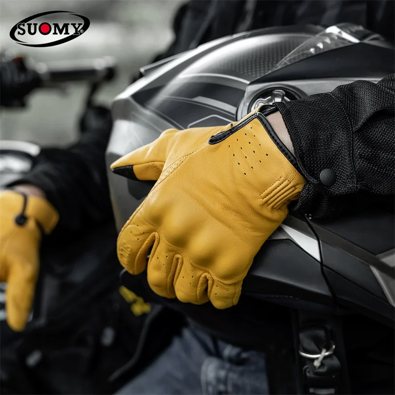 Non-Perforated Yellow Retro Leather Motorcycle Gloves Men Women Motorbike Racing Touch Screen Motocross Moto Riding Gear Gloves