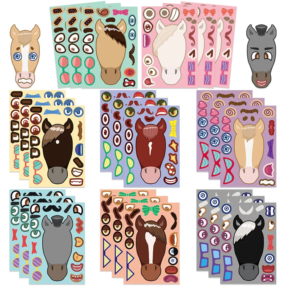 

8/16/32Sheets Cartoon Cute Horses Make A Face DIY Puzzle Stickers Dress Up Game Face Funny Assemble Stickers Children Toys Gifts