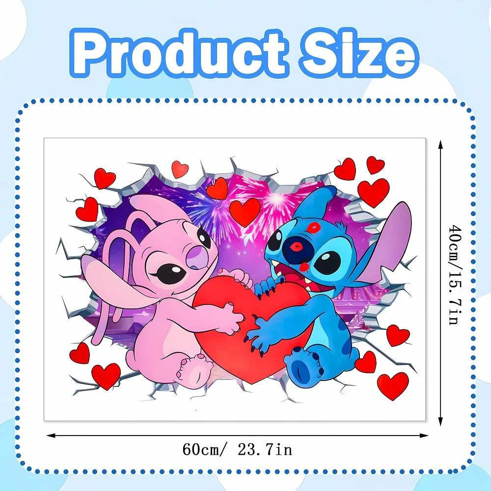 1 ملصق حائط/ملصق حائط لعيد الميلاد بطابع ديزني يتميز بالغرز والملاك كزوجين، مع قلوب حمراء نابضة بالحياة وتصميم الألعاب النارية الملونة، مناسب لتزيين الأماكن الداخلية والنافذة والشرفة والمرآة