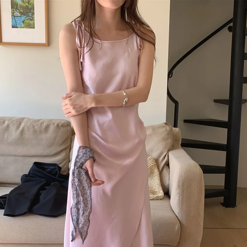 Texture Satin Sleeveless Sling Bandage Long Dress Women Summer High-fashion Edge Slim Waist Spaghetti Strap Sundress Female 2025