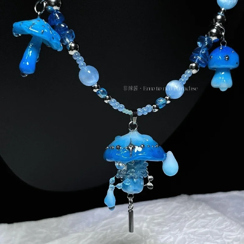 3030 Creative Handmade Blue Mushroom Soft Ceramic Necklace Dark Cthulhu Decoration Halloween Horror Artwork Customized Gift