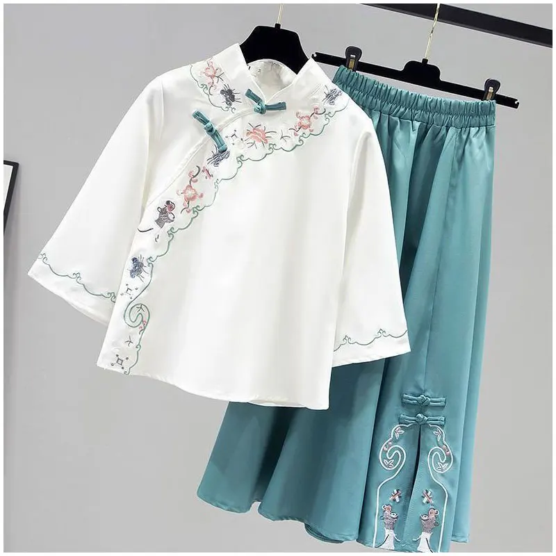 2024 Summer Elegant Fashion Harajuku Slim Fit Female Clothes Loose Casual All Match Cheongsam Retro Long Sleeve Tops Skirt Suit