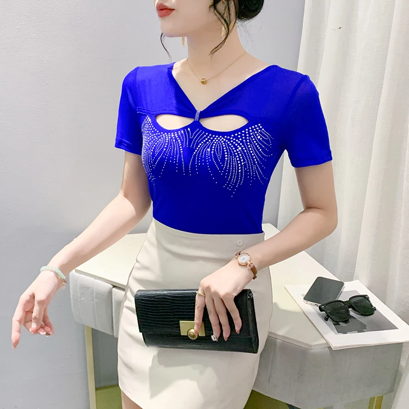 Sexy oco para fora v-ne camiseta feminina ort sve faionable strass me topo na moda rua sle verão wear