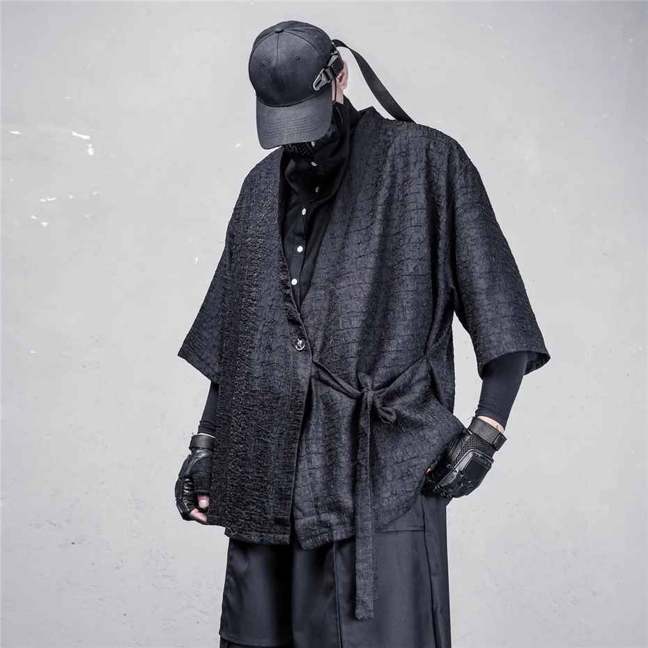 Vintage Black Casual Shirts Taoist Robe Men Oversized Short Sleeve Shirt Streetwear Punk Summer Chinese Style Blouse Coats Male
