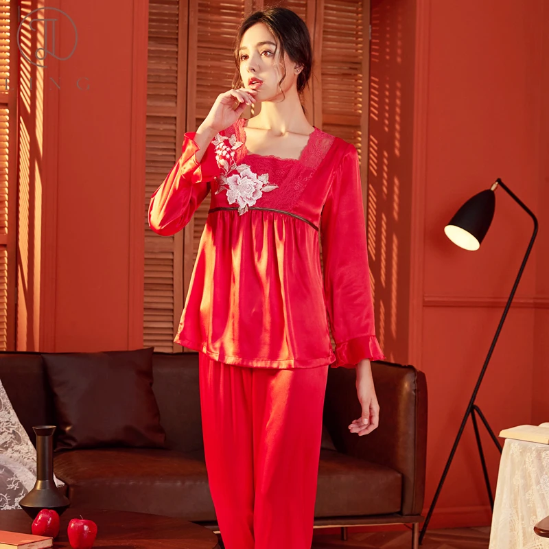 

Ling Women's Pajama Sets Long Sleeve Imitation Silk Satin Women's Sleepwear Homewear Clothing 2Pcs Full Length Pants Nightwear