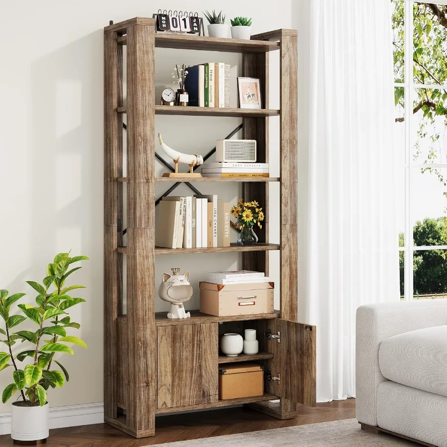 Farmhouse Bookcase with Spring Doors 70.9 inch Tall Wood Bookshelf with Cabinet 7Tier Display Storage Shelves Organizer for Hom