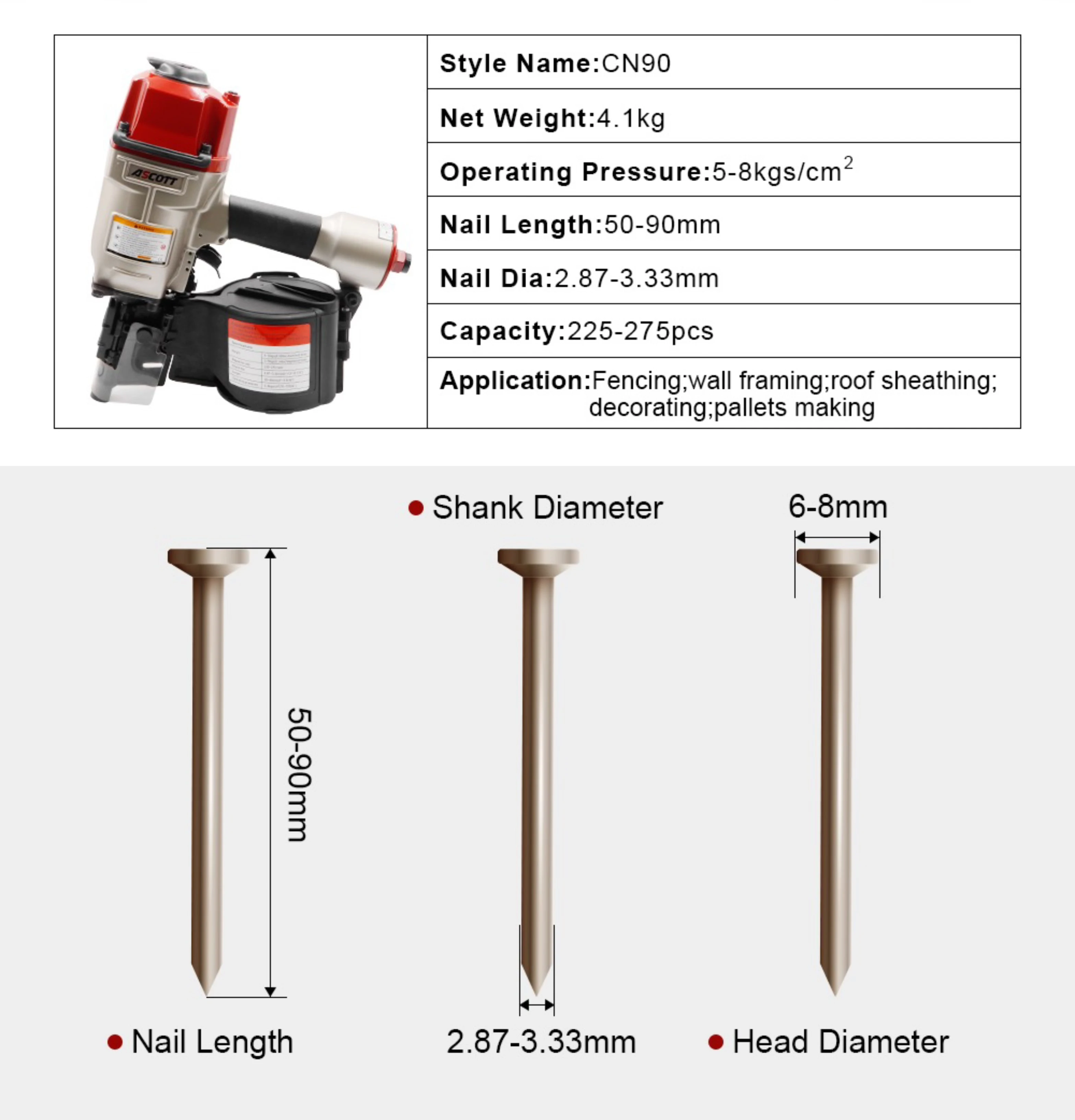 

Cn90b Industrial Pneumatic Nail for Diy Wood Pallet Wire Roofing & Floor Framing 1 Year Warranty