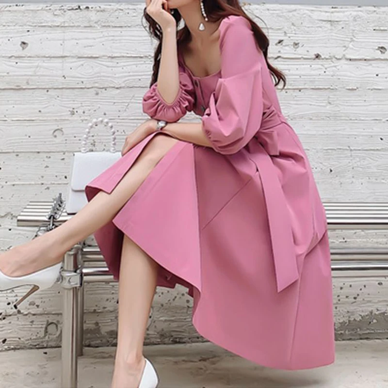 French square-neck  women's  women's summer 2022 new  ladies button rose red dress  Casual  Solid  Bow  dress for women